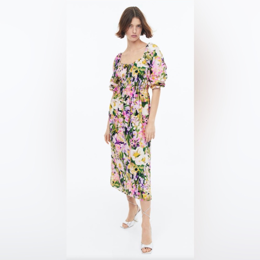 XL H&M Floral Midi Dress in Pink, Yellow, Green